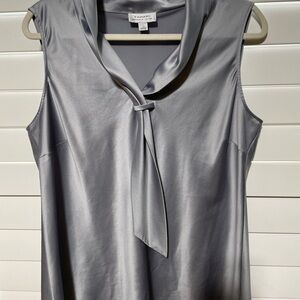 Tahari Silver-Gray Satin Tie Neck Blouse
